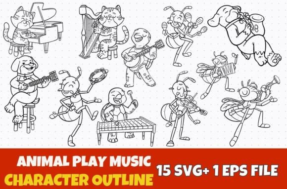15 Animal Play Music Character Outline: Graphics & Illustrations