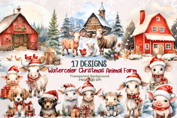 Christmas Animal Farm Clipart: Festive Illustrations & Graphics