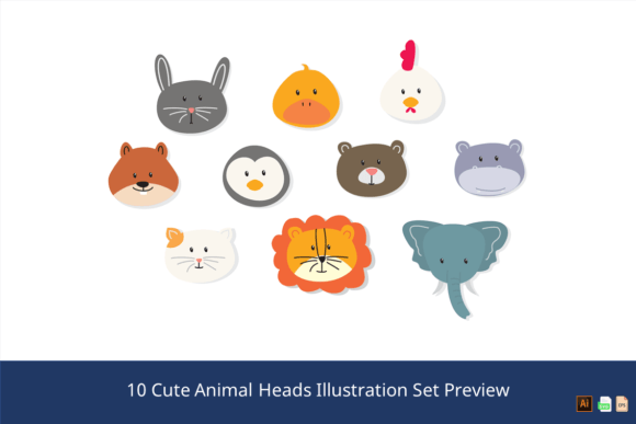 Cute Animal Heads Illustration Set: Graphics & Illustrations