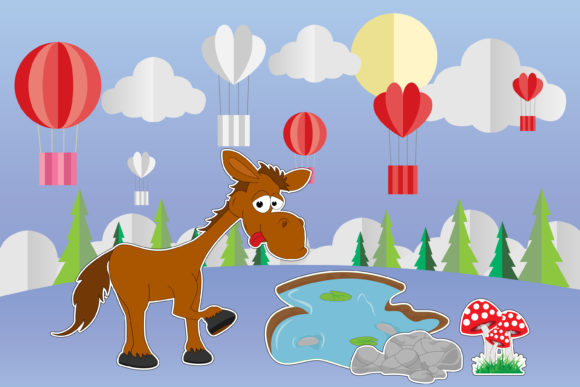 Cute Horse Animal Cartoon Landscape Graphics & Illustrations