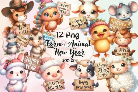 Farm Animal Happy New Year Graphics & Illustrations