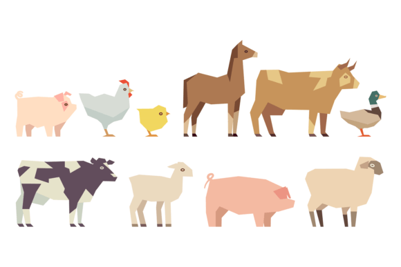 Farm Animal Set in Flat Color Polygonal