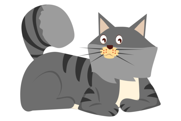 Gray Cat. Lazy Fluffy Animal. Cute Chara