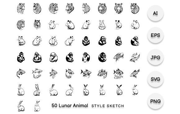Lunar Animal Element Draw Black: Graphics & Illustrations