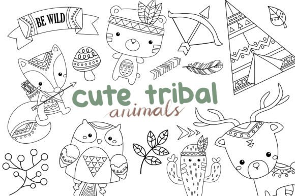 Tribal Animal Clipart Coloring: Graphics & Illustrations