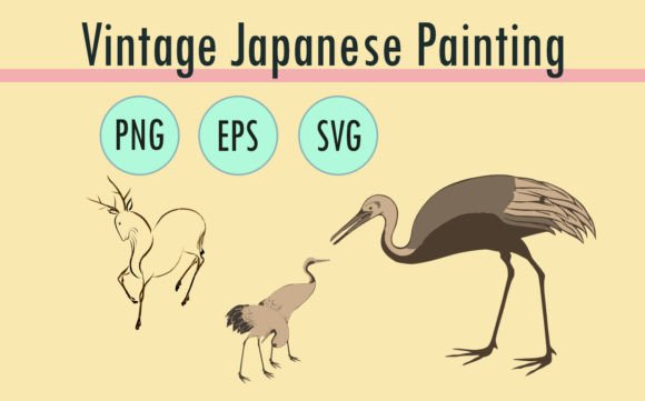 Vintage Japanese Painting Element Animal Graphics & Illustrations